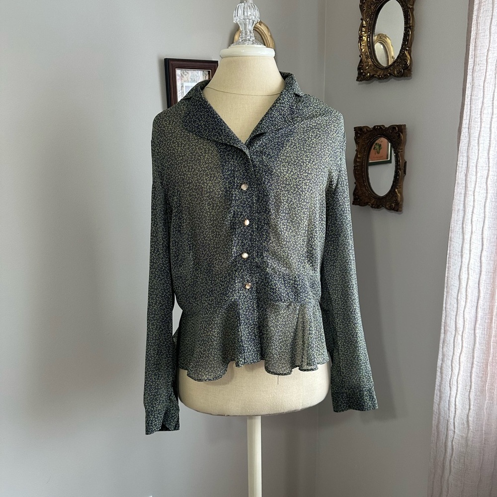 Vintage Sheer Button-Up Floral Blouse with Pearl Style Buttons